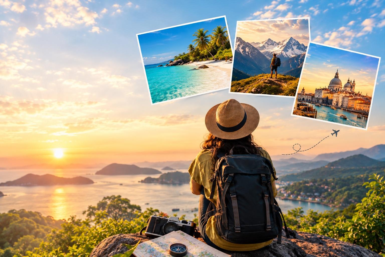 A traveller watching the sunset over a coastline, with postcards from past trips above