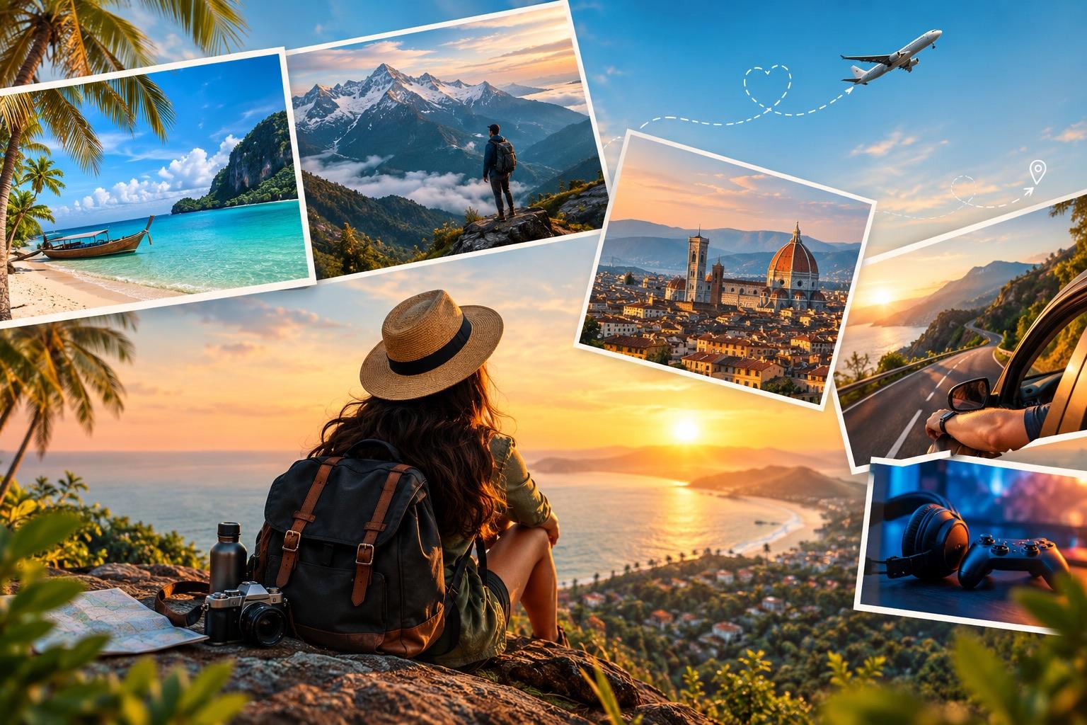 Postcards from past trips above a traveller watching the sunset from a hilltop